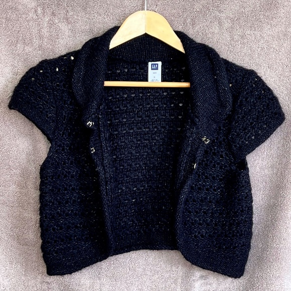 ❤️GAP Women/Junior Open Front Open Knit Collared Bolero Cardigan Black Sz S - Picture 1 of 10